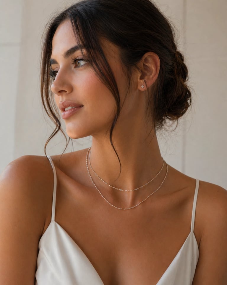 A model wears a delicate double-layered chain necklace and diamond stud earrings with a white silk dress.