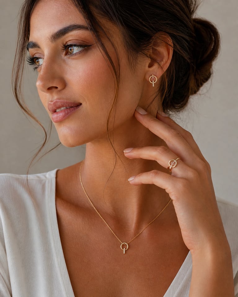 A beautiful woman a dainty gold necklace, matching earrings, and a ring with an open circle design.