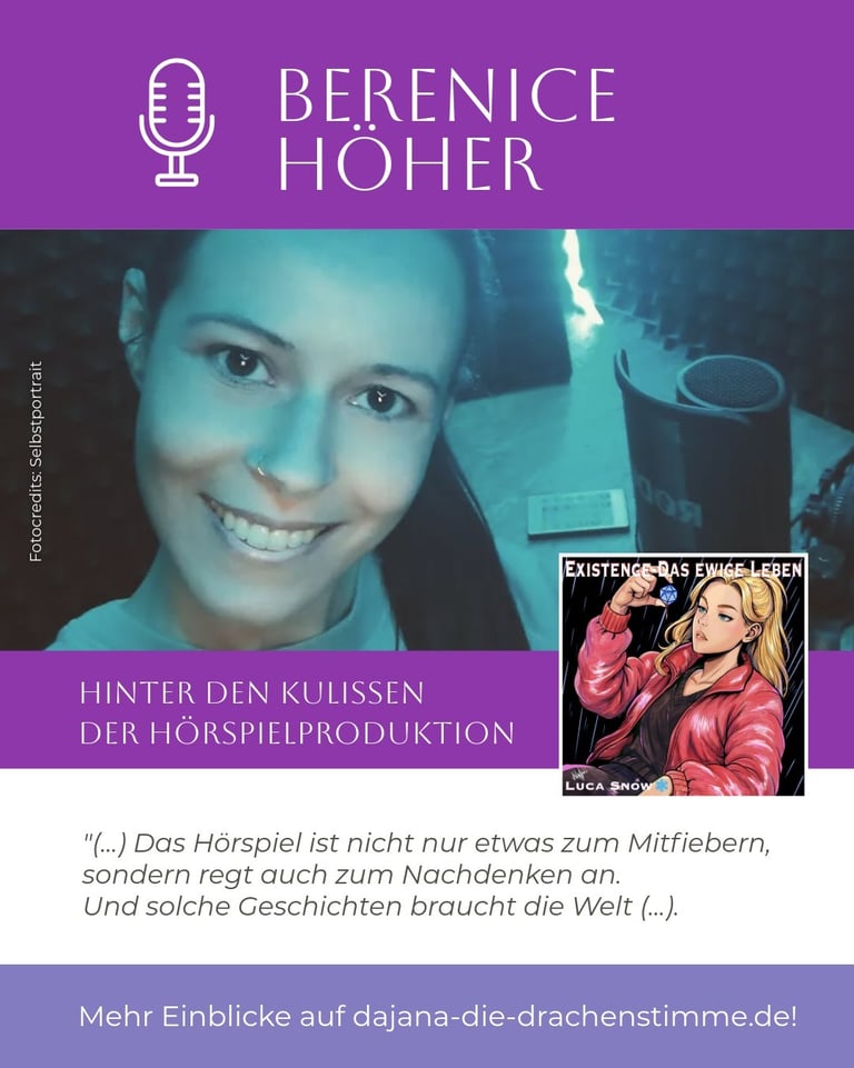 Berenice Höher spricht im Hörspiel "Existence - Das ewige Leben" von Luca Snow