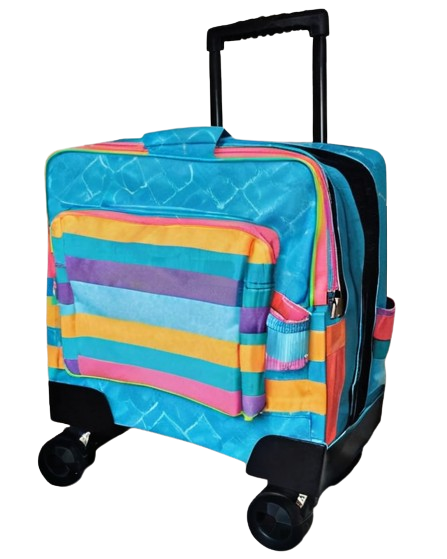 a suitcase with a colorful striped fabric and with eight wheels