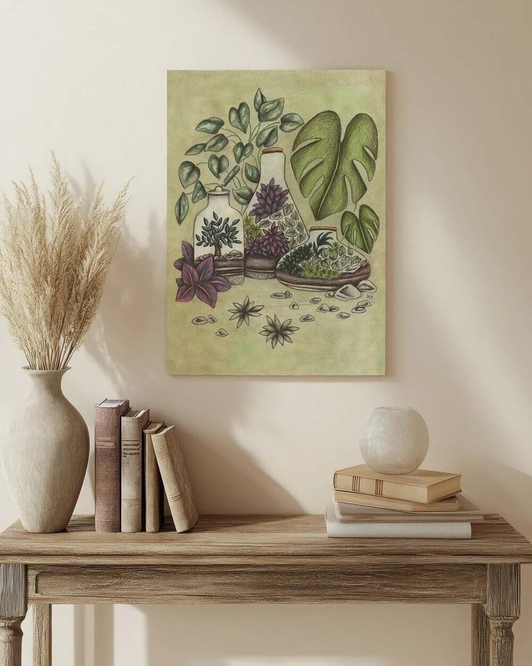 Terrariums Illustration Wall Art in a Living Room