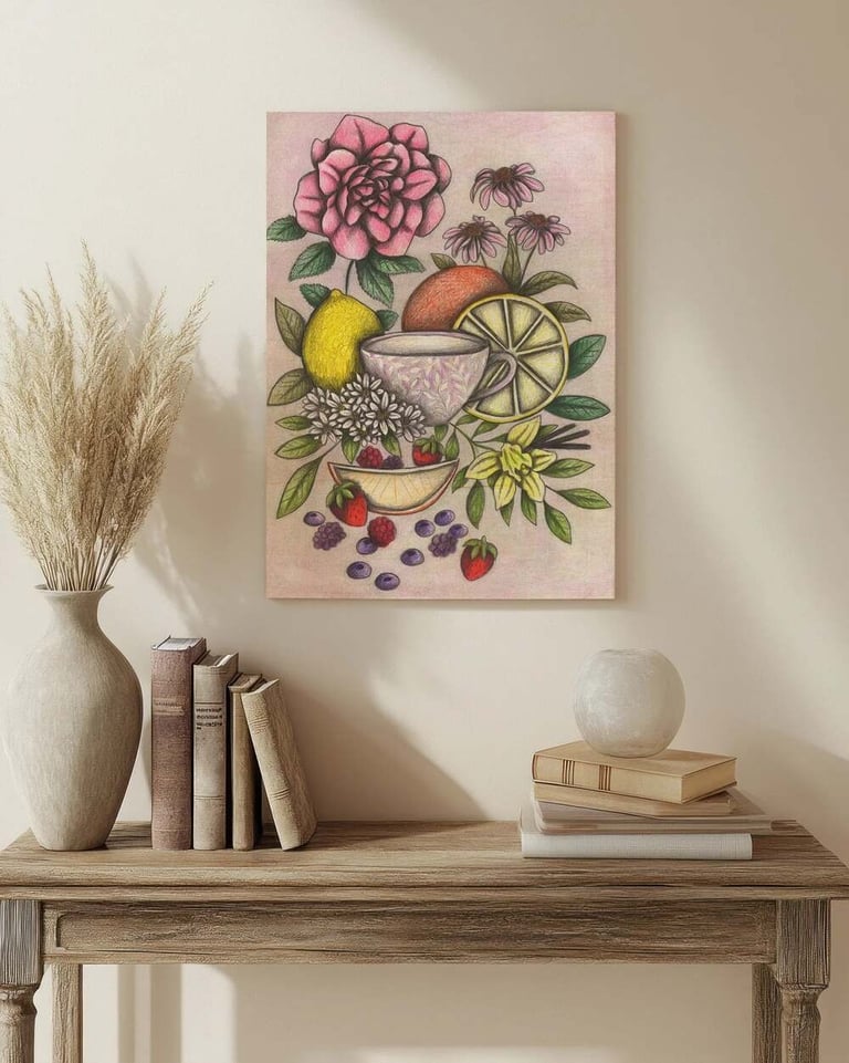 Teacup Illustration Wall Art in a Living Room