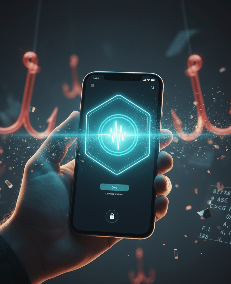 A biometric shield forms over a phone screen while phishing hooks fade away, representing phishing r