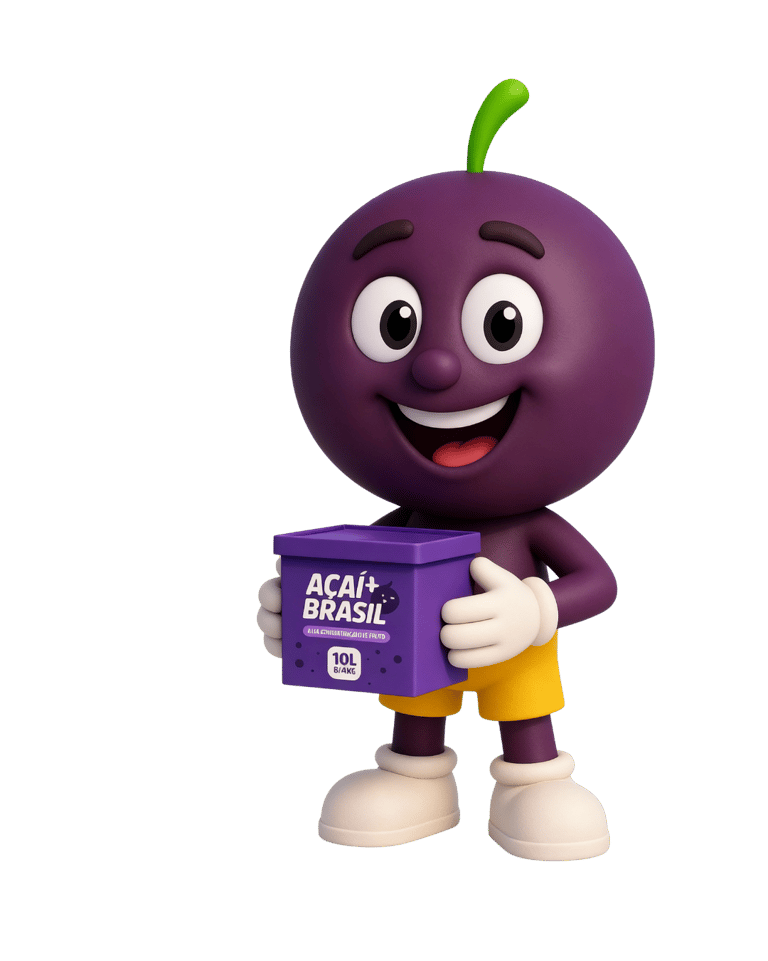 Mascote da Açaí Mais Brasil contente segurando uma caixa de Açaí 10L