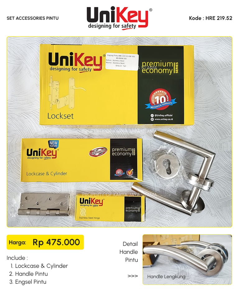 Set handle pintu, engsel, lock case merk Unikey