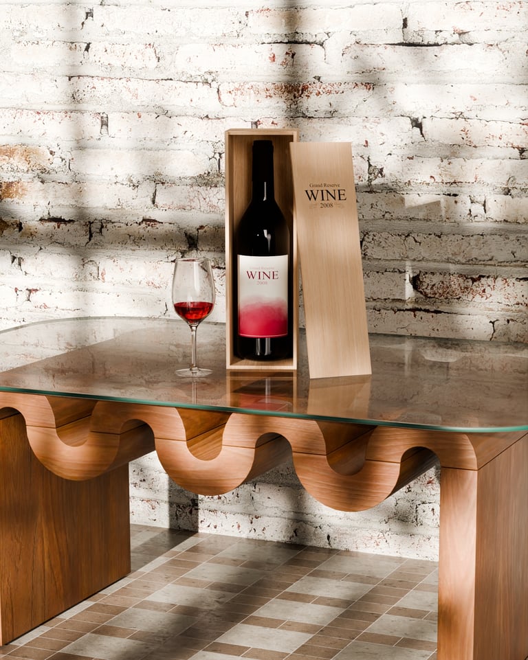 Image of our box & glass of wine render.