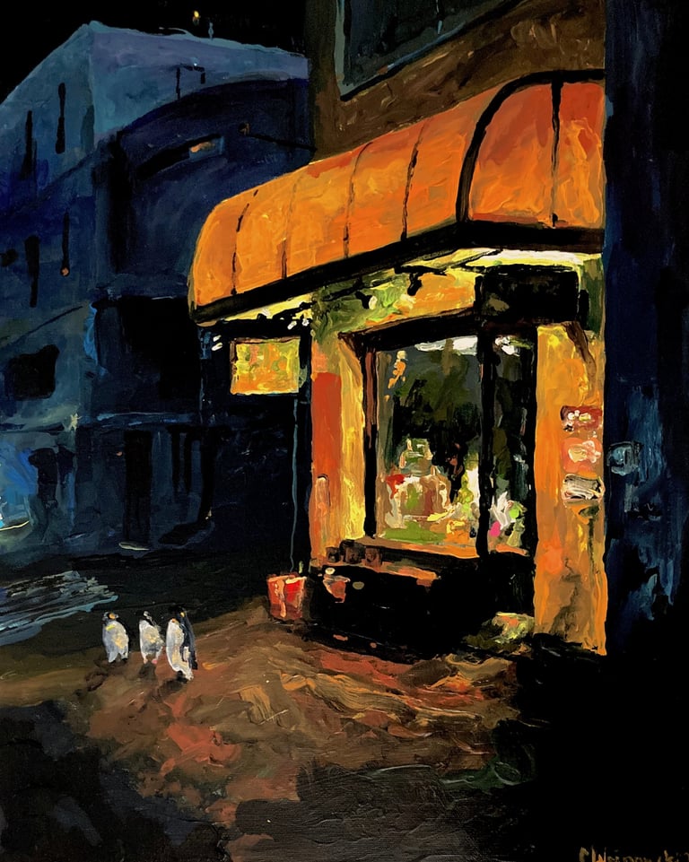 a painting of a store front with penguins walking outside
