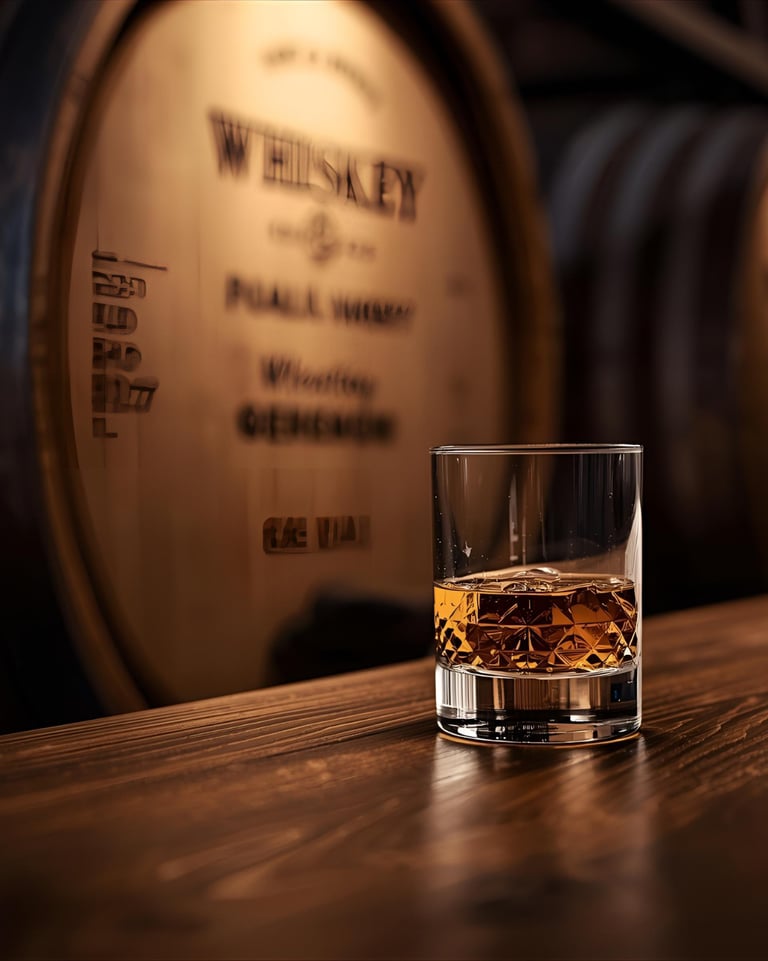 a glass of whiskey on a wooden table