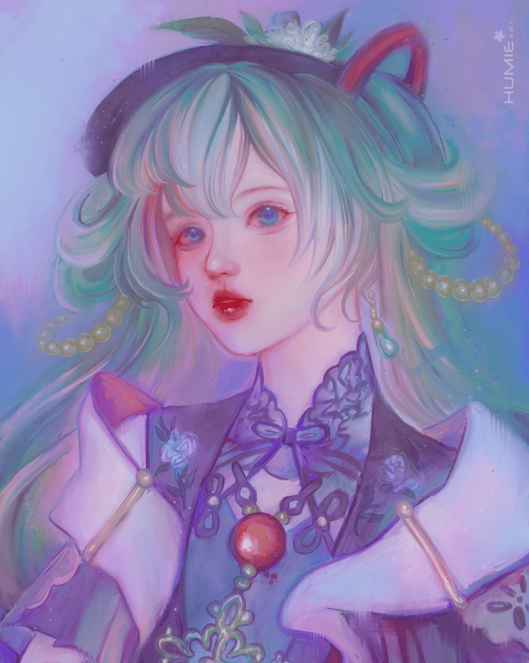 A fanart of Hatsune Miku, painted with splashy, textured strokes to echo traditional media.