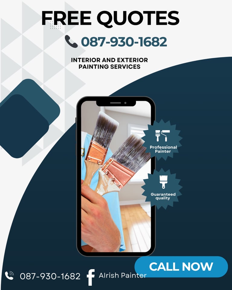 Professional interior and exterior painting services advertisement with paintbrush and contact number.