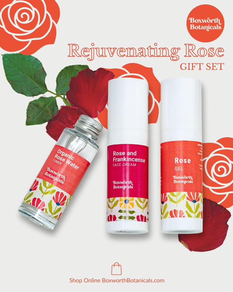 Rejuvenating Rose gift set social graphic featuring three skincare products and red roses