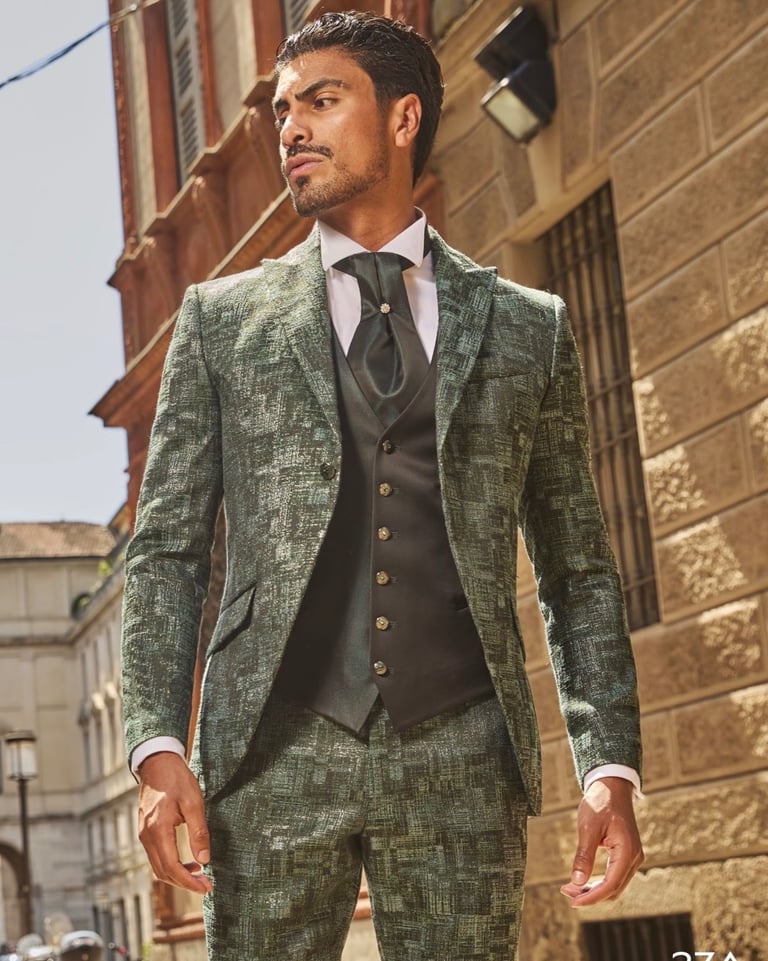 Dany Peña international male model in luxury menswear suit in Milan Italy