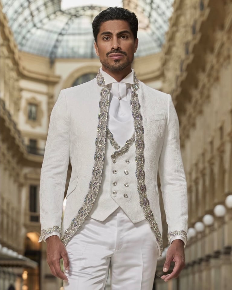 Dany Peña international model in white luxury menswear suit in Milan Italy