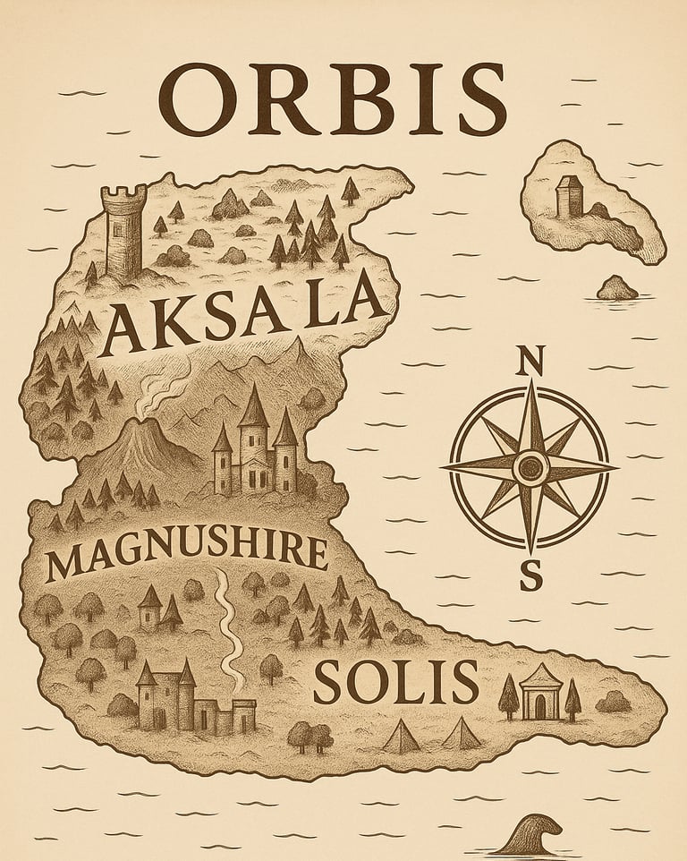 Fantasy map of Orbis kingdoms, cities, mountains and deserts from The Legends of Iron Spine