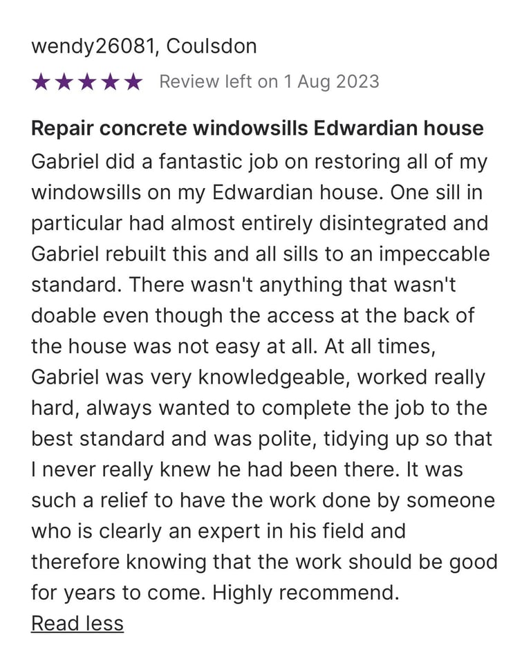 Positive customer review for concrete windowsill repair and restoration on an Edwardian house.