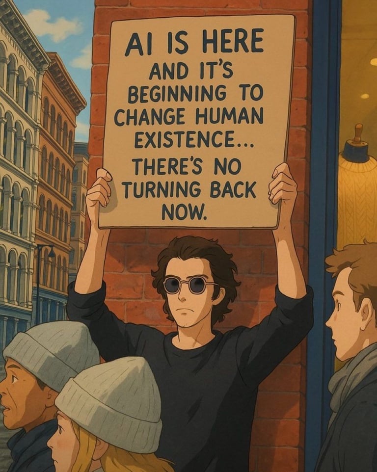 Protester holding AI sign: 'There’s no turning back now'