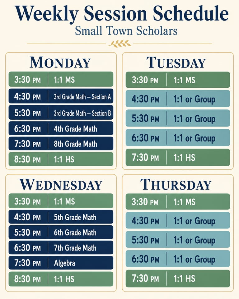 Weekly session schedule for Small Town Scholars tutoring featuring math classes and private sessions from Monday to Thursday.