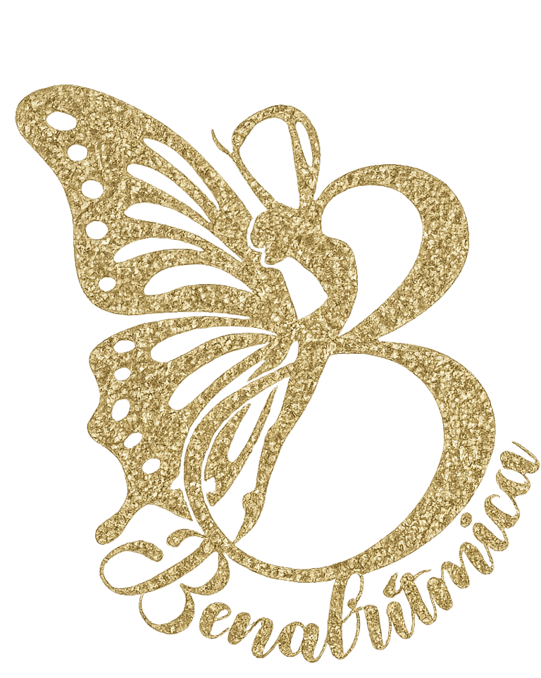 Gold glitter butterfly gymnast silhouette forming the letter B for Benarítmica logo on black background.