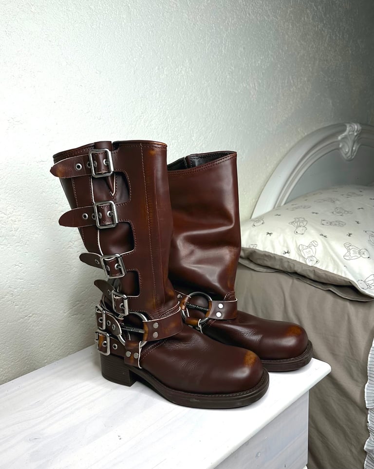 Miu Miu burnt leather buckle boots autumn spring winter