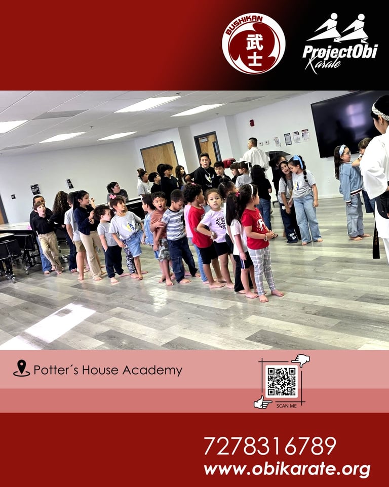 Karate training session in Project OBI Karate (POK) Orlando program.