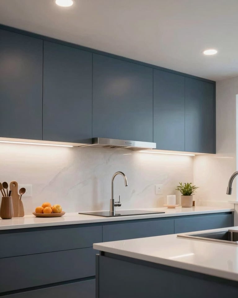 Professional photography of a clean, modern kitchen interior in a North American / US home, highlighting elegant recessed ceiling lighting and under-cabinet LED strips with slate blue accents.