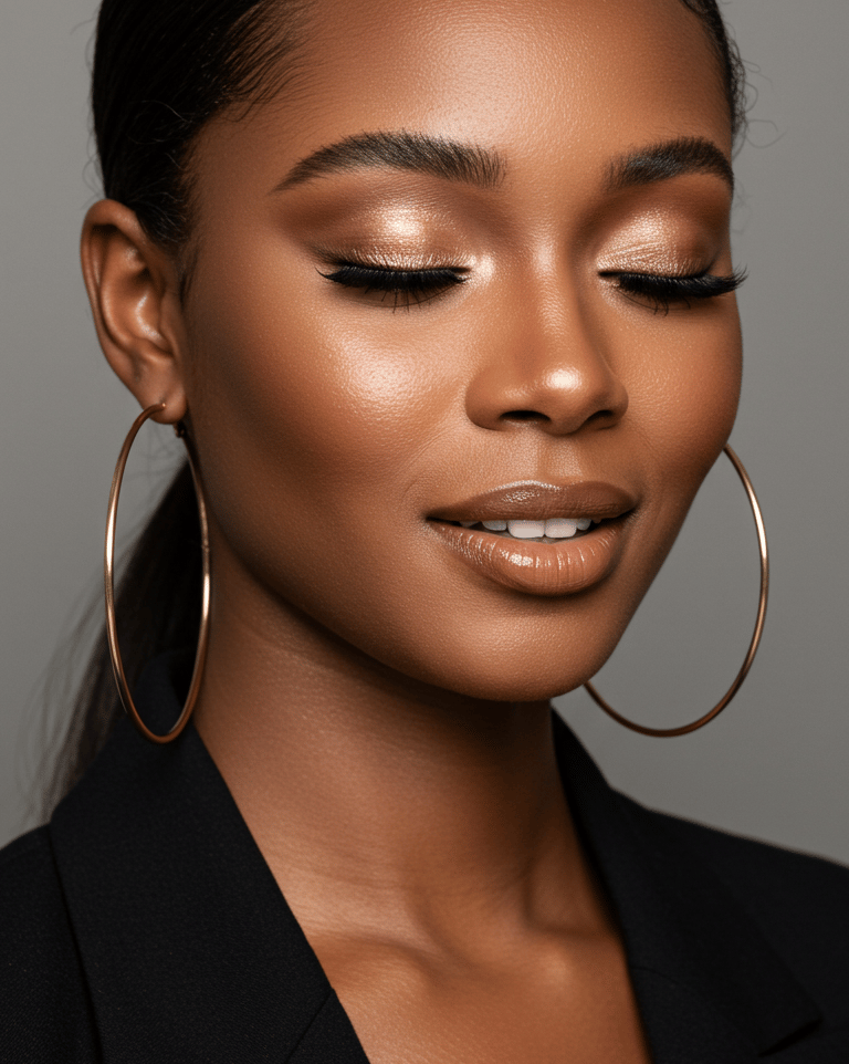 a woman with a black hair and hoop earrings showcasing soft glam makeup