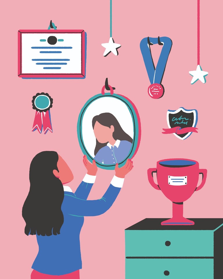 a woman is hanging a mirror in a wall full of trophies