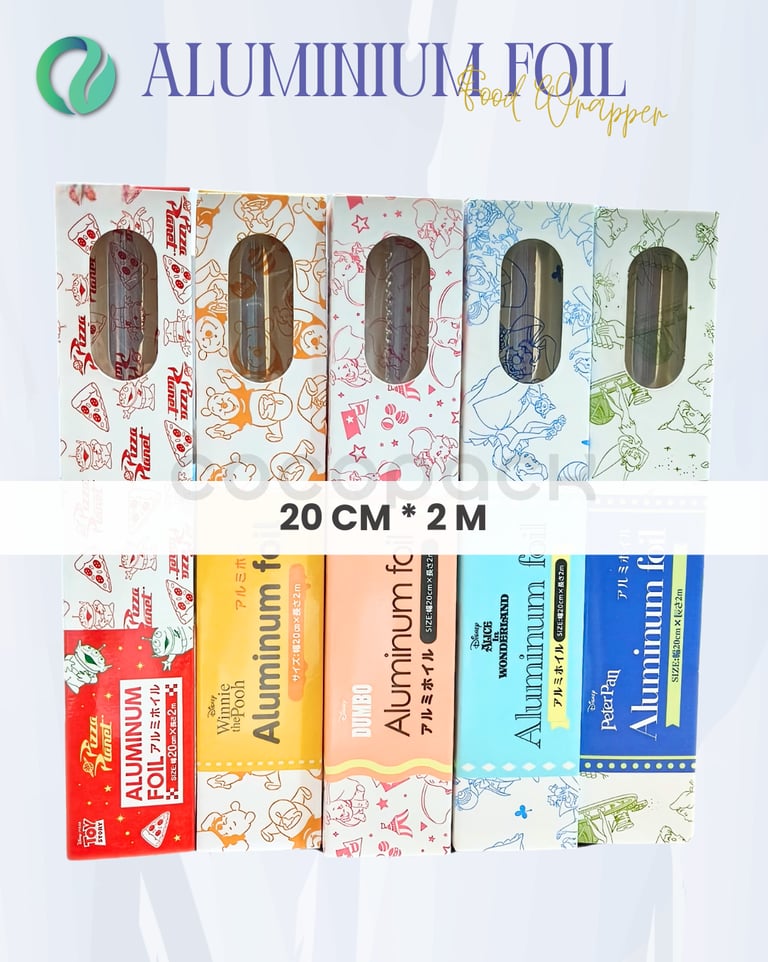 Variety of Disney themed decorative aluminum foil rolls including Toy Story and Winnie the Pooh designs.