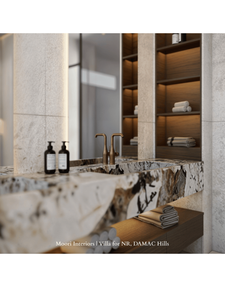 A modern bathroom vanity with a unique marble pattern and a large, well-lit mirror.