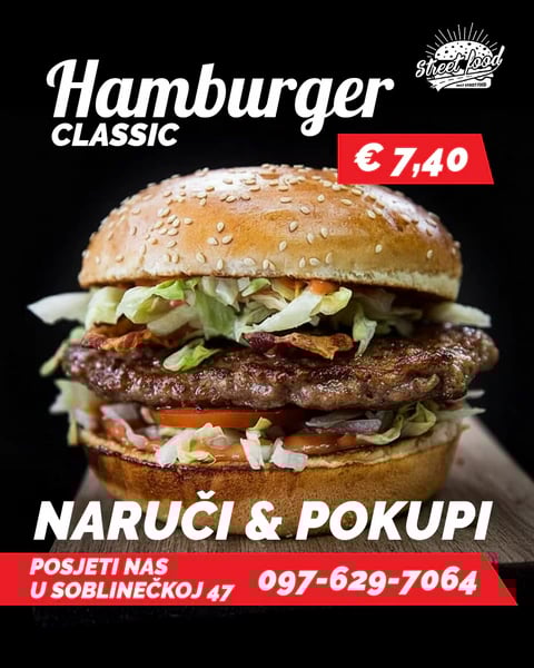 Vizual za društvene mreže s hamburgerom i grafičkim dizajnom fast food restorana