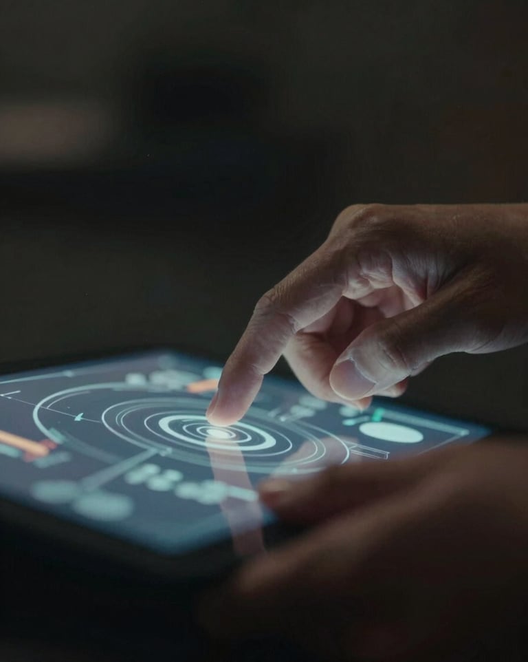 Close-up of hands manipulating a holographic interface, futuristic yet tactile, low-key lighting, desaturated tones, cinematic film photography.