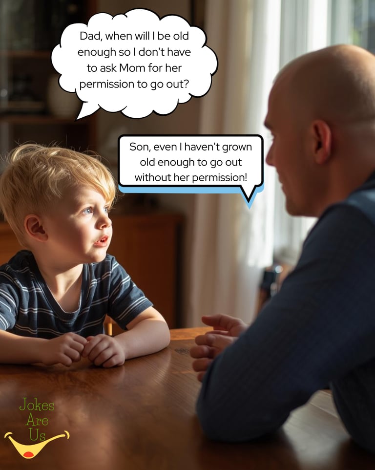Father & son chatting, son asking when he can go out without asking mom, dad replies even he can't