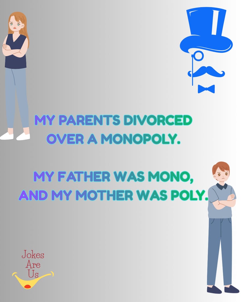 Split image of couple with caption: "My parents divorced over Monopoly. Dad was mono, mom was poly."