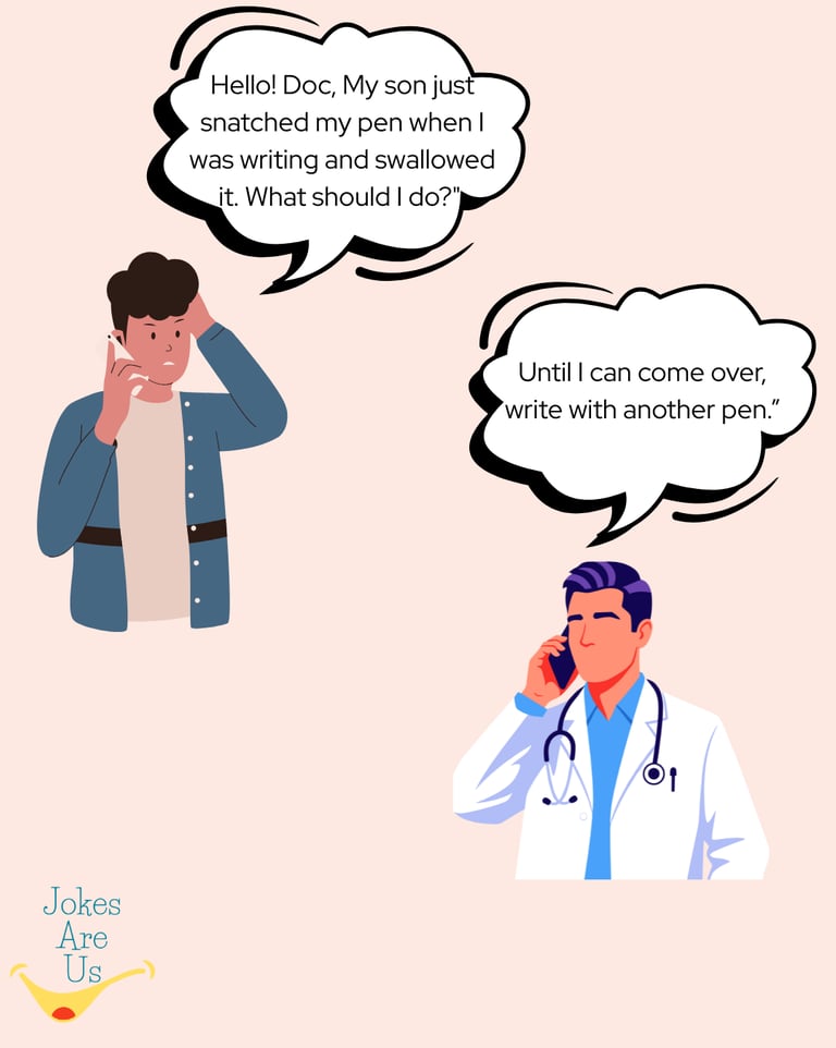 Man talks to a doctor on a phone about his son swallowing a pen; doc suggests using a different pen.