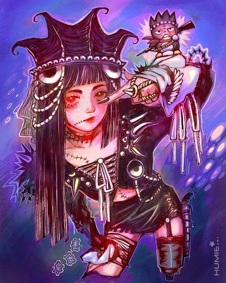 Cool girl in a pirate outfit, funky hat and stitches on the skin. Colourful palette.