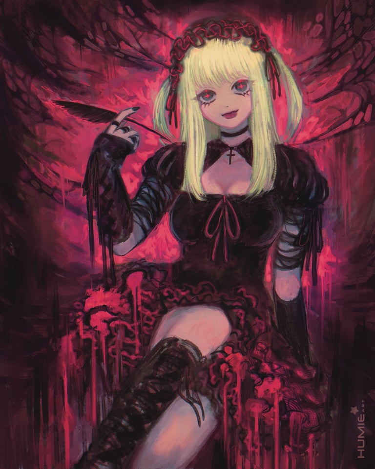 Misa Amane with a gothic black dress, ready to write your name in the Death Note. Dark, drippy bg.