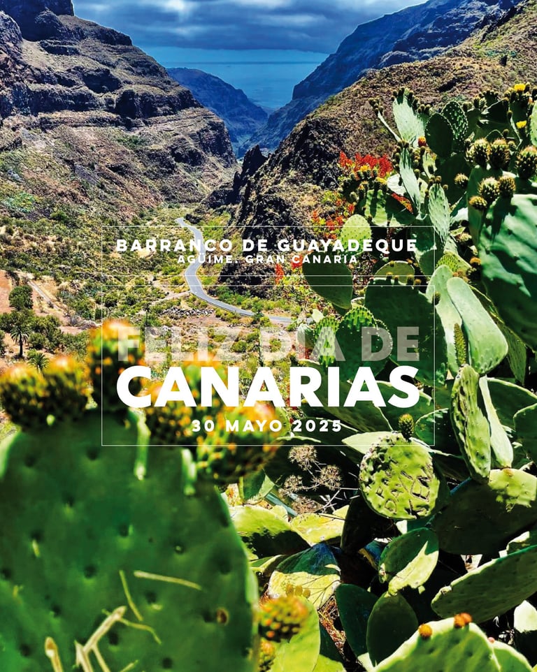 Barranco de Guayadeque en Gran Canaria con tuneras en primer plano – Día de Canarias 2025