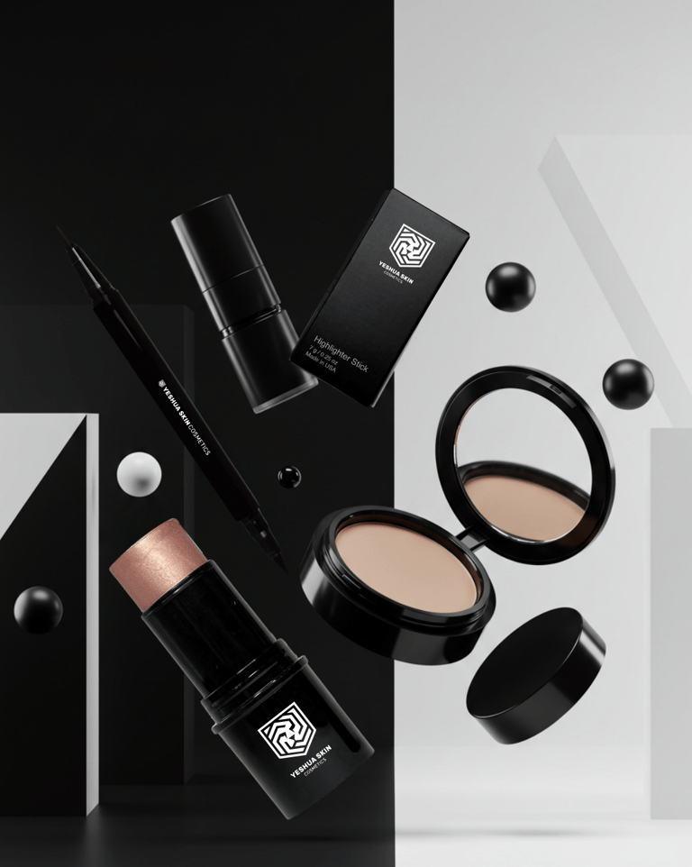 a variety of cosmetics products including makeup and cosmetics floating around geometric shapes