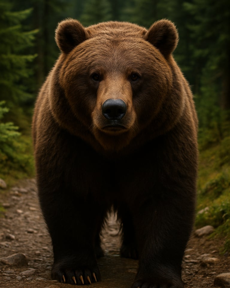 Large grizzly bear standing on forest trail, symbolizing wildlife safety awareness and predator encounters in wilderness surv