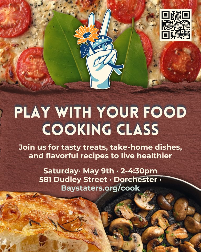 Poster for a healthy cooking class in Dorchester featuring tomato pizza, focaccia, and sautéed mushrooms.