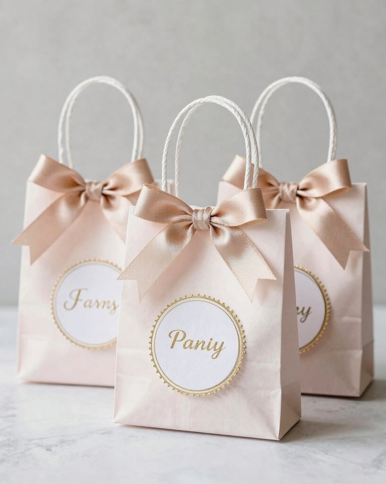 Three elegant blush pink gift bags with satin bows and personalized labels for wedding favors or party treats.