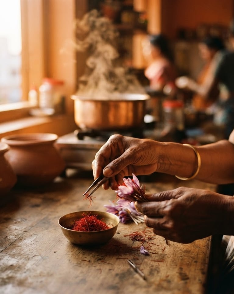 Intimate macro shot of hands preparing saffron threads in a warm, golden-lit Bangalore kitchen, steam softly rising in the background, 35mm film.