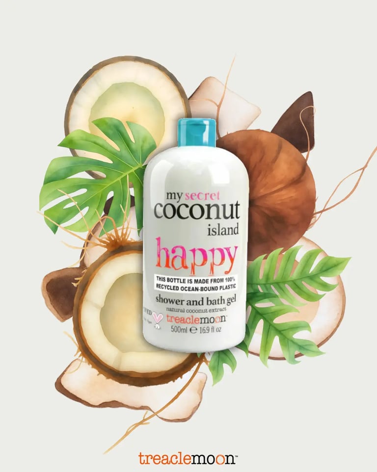 Treaclemoon Coconut Island shower gel with floating coconut pieces and leaves graphic