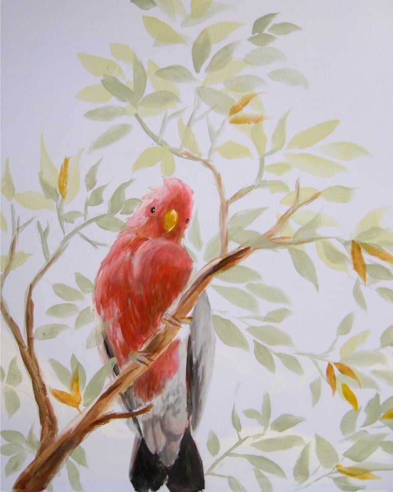 Hand-painted pink galah in eucalyptus branches — detail from Australian nursery mural, soft morning light.