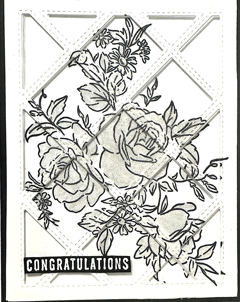 Handmade Congratulations card with 3D lattice on top of shimmery roses.