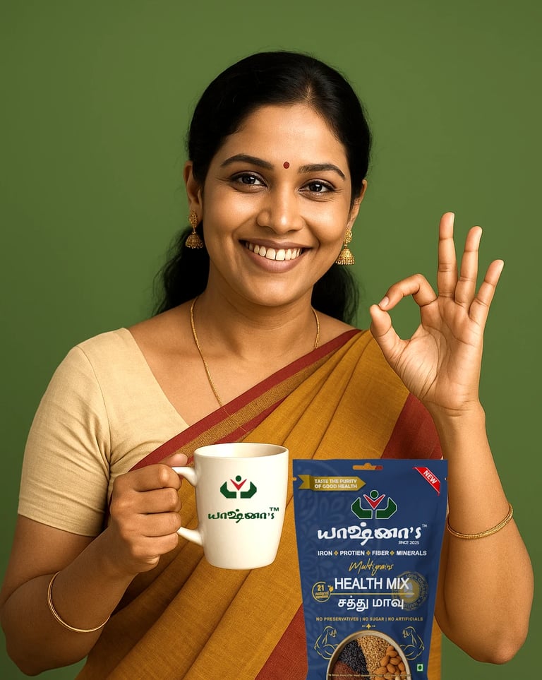 a south indian woman expressing the better taste of yashnas health mix