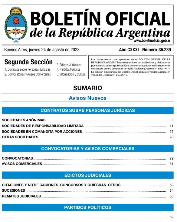 Publicación Boletín Oficial de la Nación
