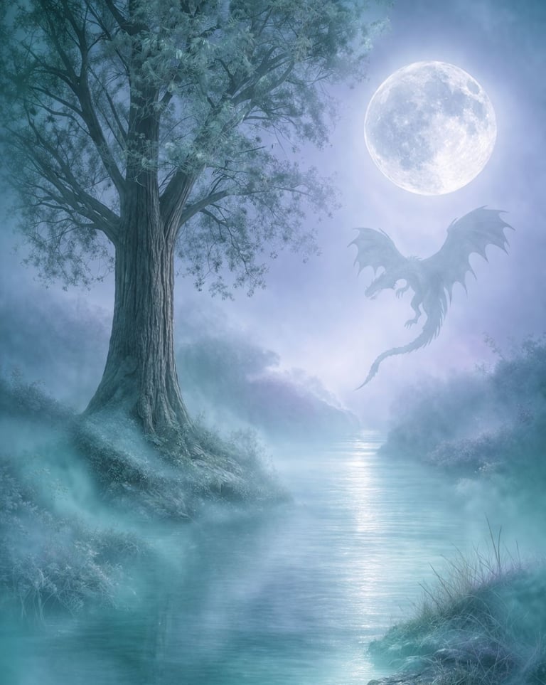 Full Moon, the ash tree and the air dragon in misty teal background