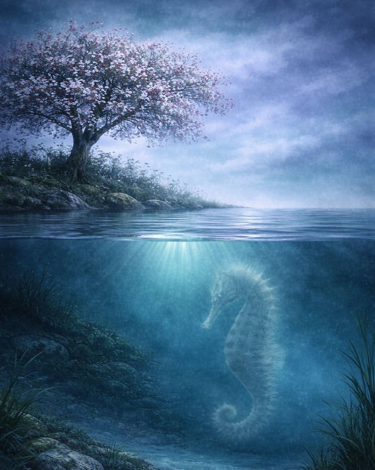 Picture of a seahorse, under the new moon next to a hawthorn tree
