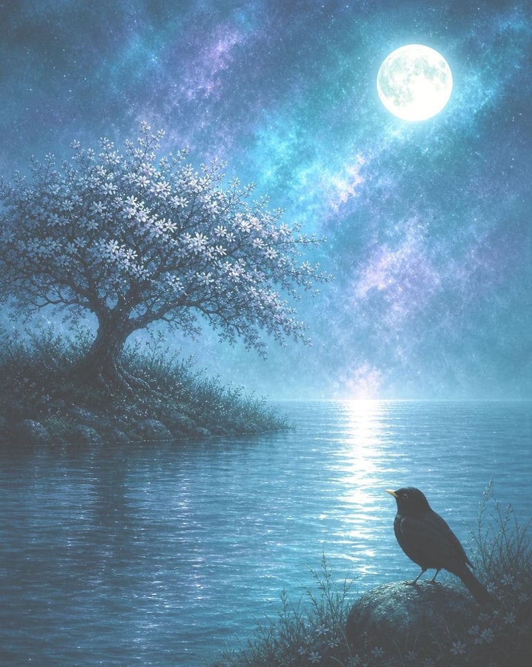 Hawthorn Tree, blackbird, full moon, in teals and purple, on the path now